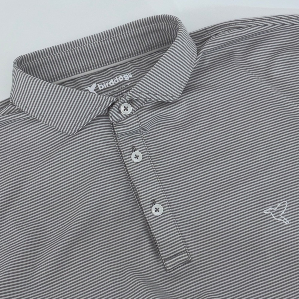 Birddogs Mens Performance Polo Shirt Grey White Striped Short Sleeve Size L